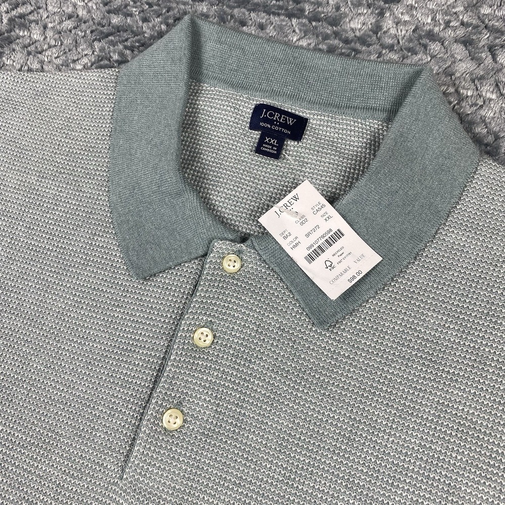 J Crew Shirt Mens XXL Green Basketweave Knit Sweater Polo Short Sleeve NEW
